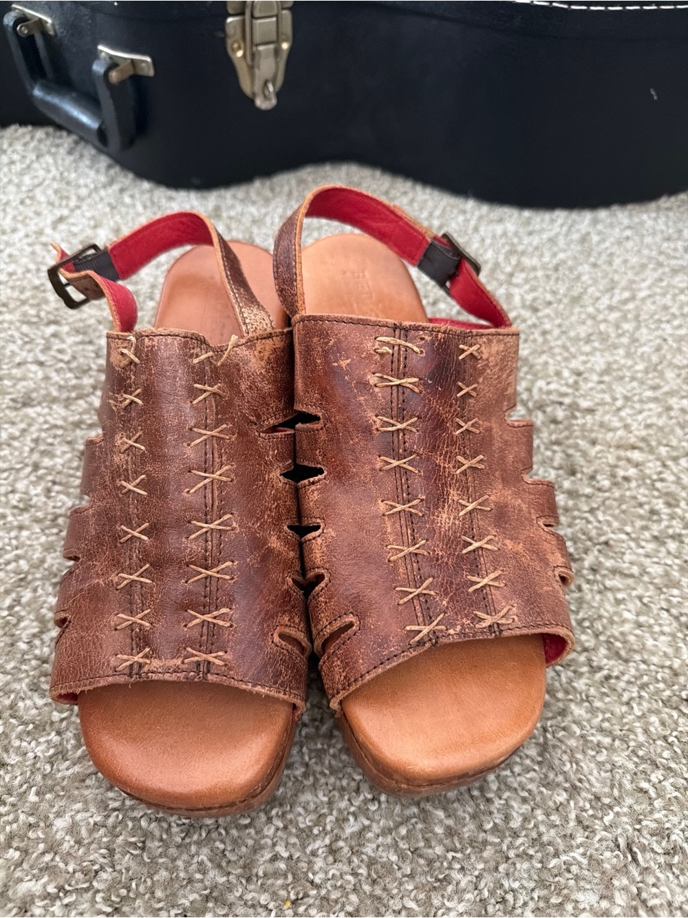 Bed Stu Brown Leather Wedge Sandals with Red on Slingback